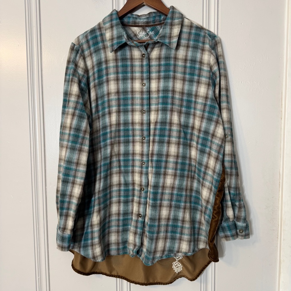 Kyla Seo Plaid Velvet Embroidered Back Button Up Tunic Top Boho Size XXL - Picture 2 of 14